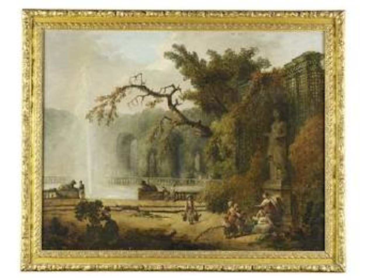 Figures by an ornamental fountain by Hubert Robert