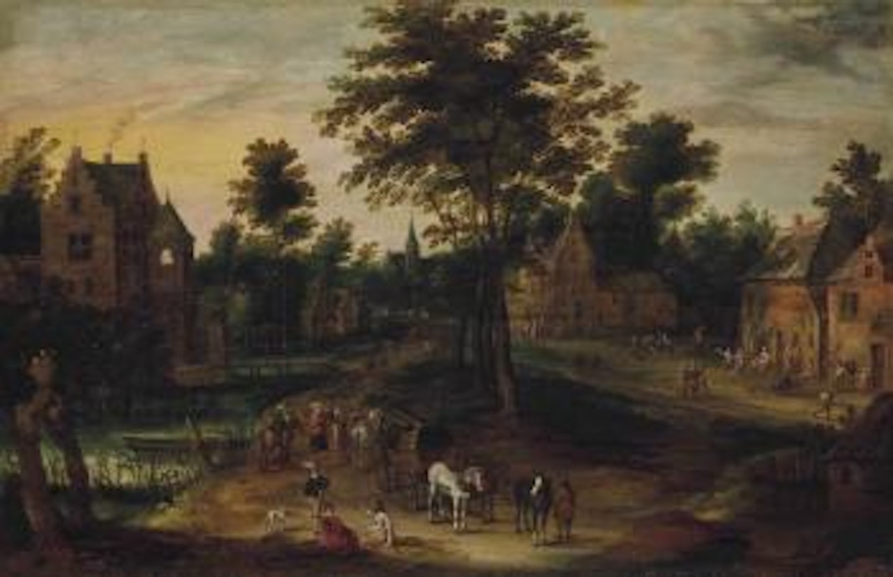 Une rue de village animée by Adriaen van Stalbemt