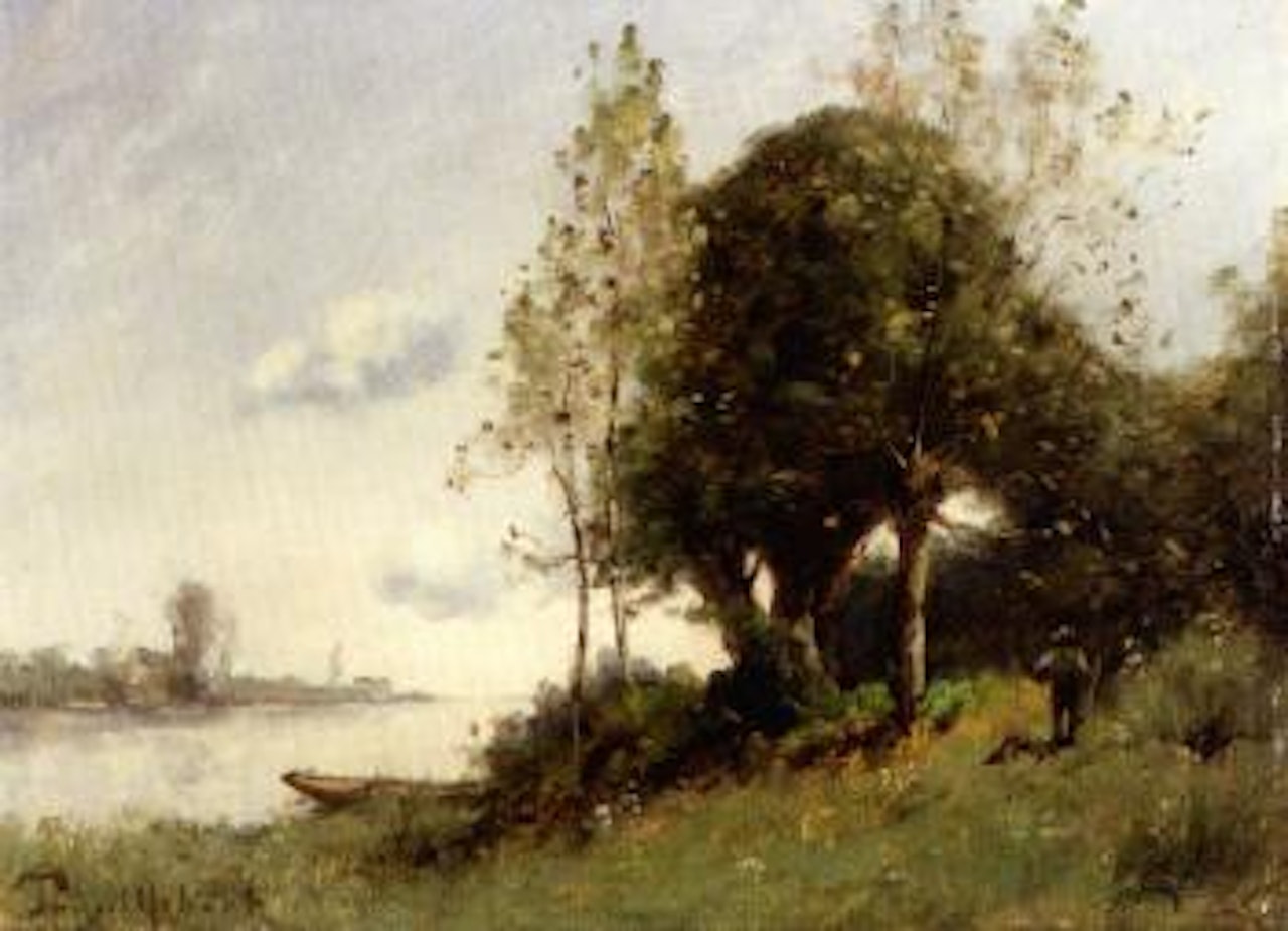 Bord de riviere avec un promeneur by Paul Désiré Trouillebert