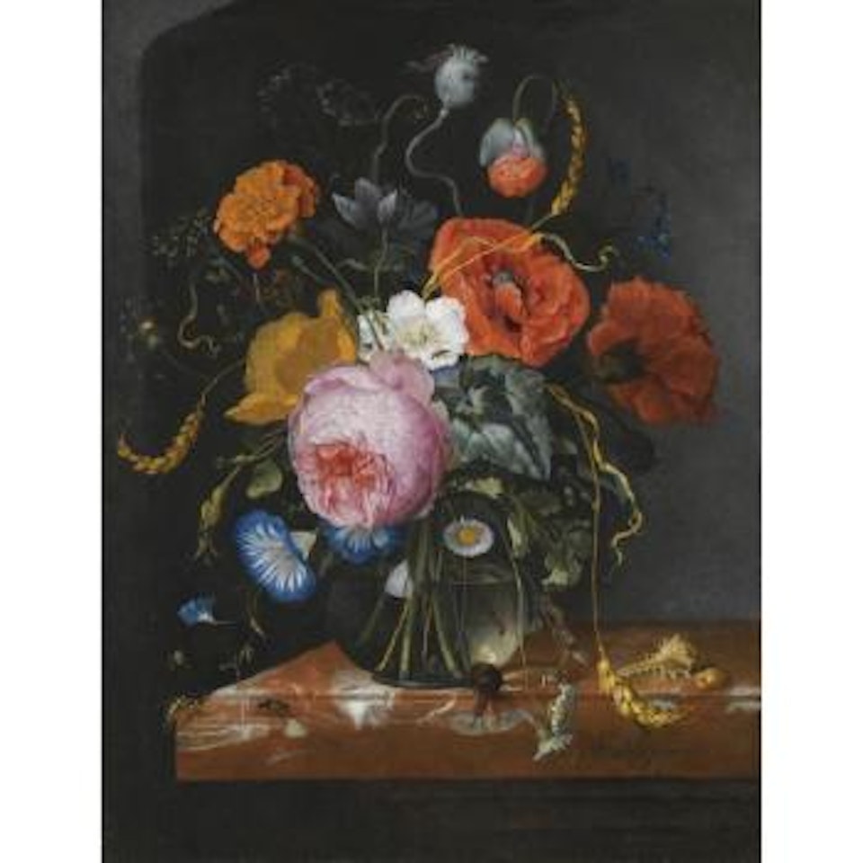 Still Life With Flowers In A Glass Vase On A Marble Ledge, Along With Ears Of Corn, Shells, A Snail, A Wasp And Other Insects by Jacob van Walscapelle