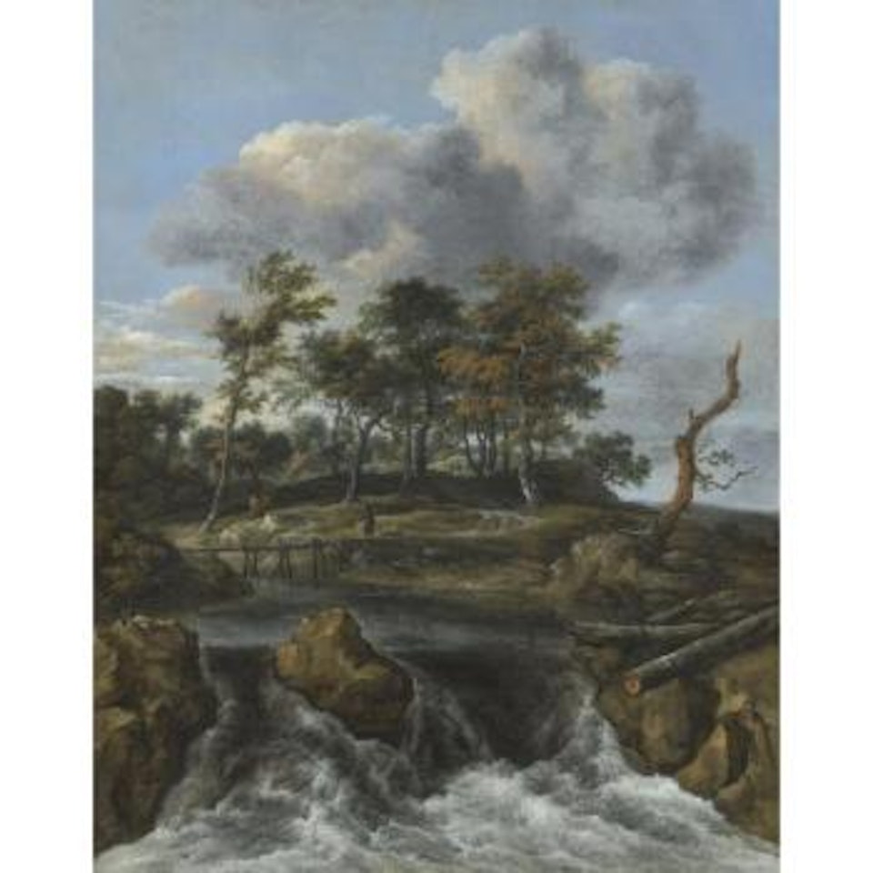 A River Landscape With A Man Crossing A Bridge Above A Waterfall, A Stand Of Oaks Beyond by Jacob Salomonsz. van Ruysdael