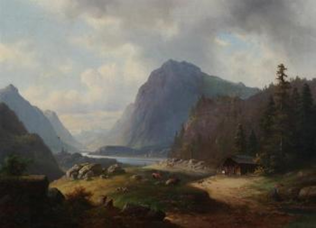 Mountain landscape with cabin by Anton Doll
