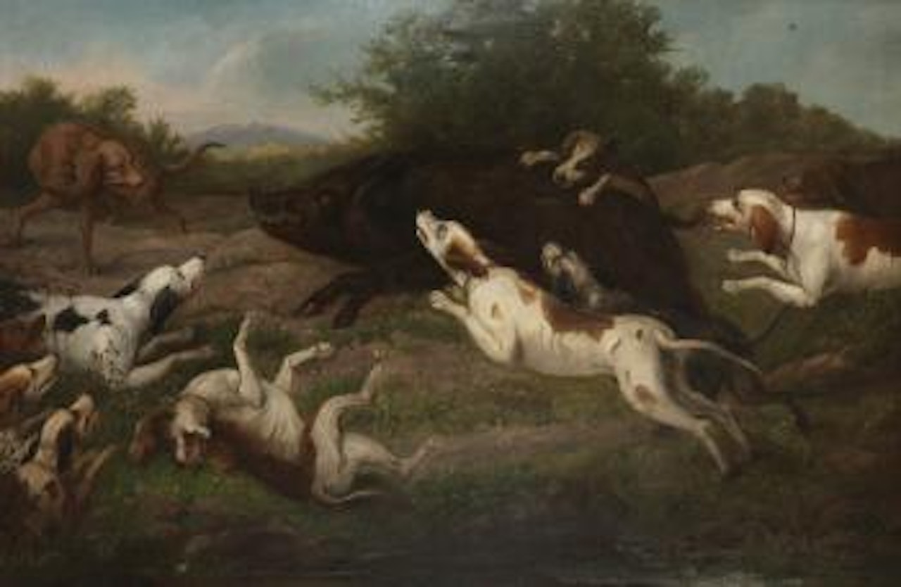 Scène de chasse avec chiens et sanglier by Paul de Vos