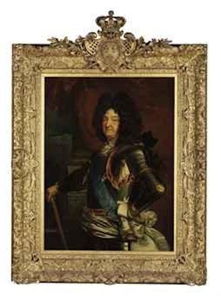 Portrait of Louis XIV, three-quarter-length, in a brown periwig and armor with white sash and blue ribbon of the St. Esprit, holding a baton by Hyacinthe Rigaud