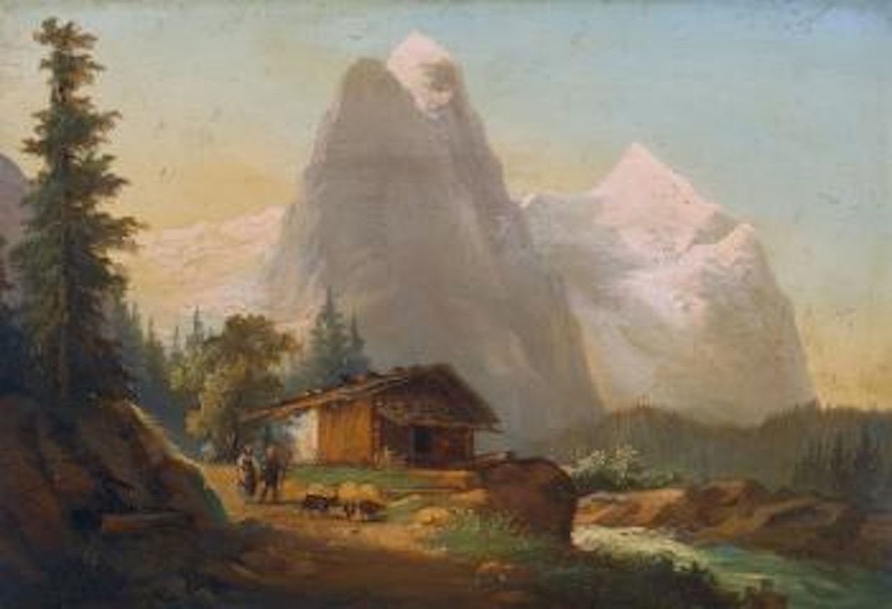 Chalet mit Well- und Wetterhorn. by Ferdinand Hodler