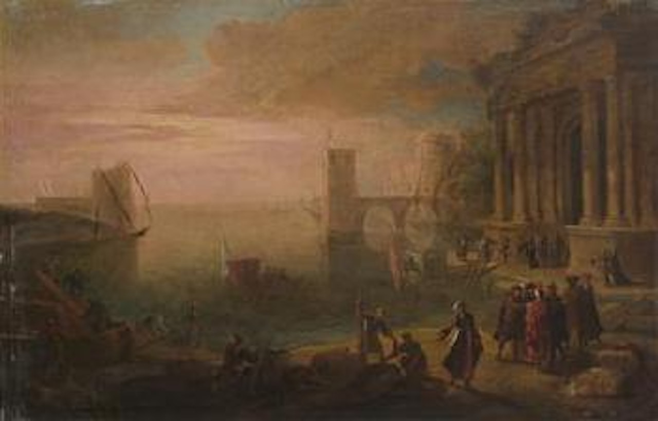 A coastal landscape with figures and ruins by Dutch School