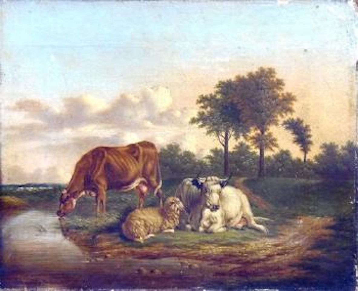 Cattle and sheep by a stream by Eugène Joseph Verboeckhoven