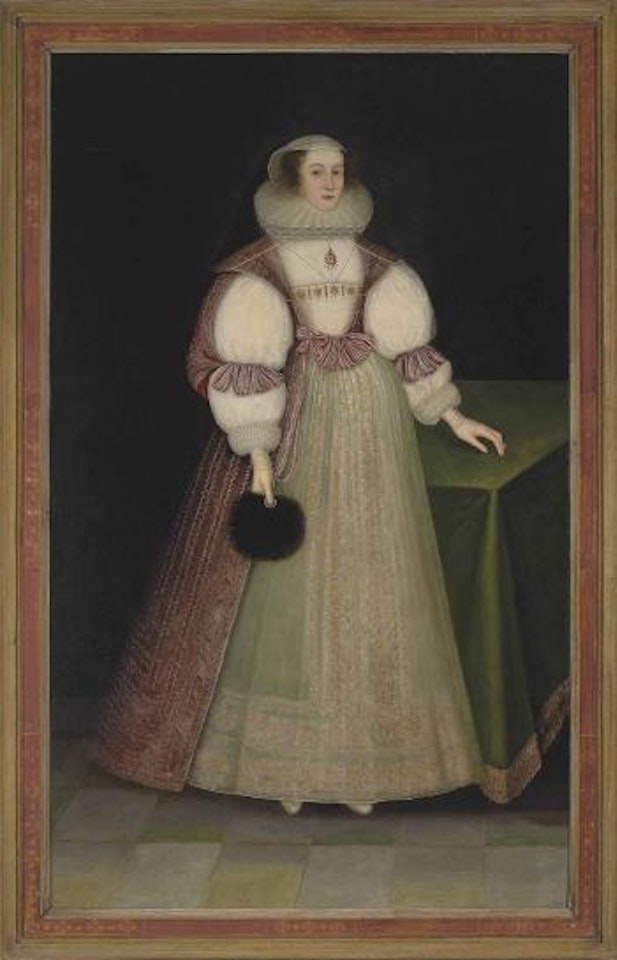 Portrait of Mary, Lady Offley, full-length, in a white embroidered dress, pink and gold embroidered overcoat, lace ruff and headdress, holding a fan in her right hand, by a draped table by English School