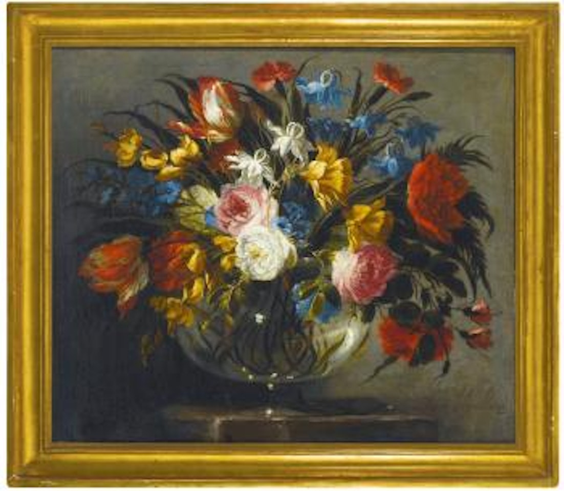 Still Life With White Zinnia, Lavender, Pink And Red Peonies, Gladiolus, Tulips And Rosebuds In A Glass Vase; Still Life With Roses, Tiger Tulips, White And Blue Aquilegia, Peonies, And Delphiniums In A Glass Vase by Juan de Arellano