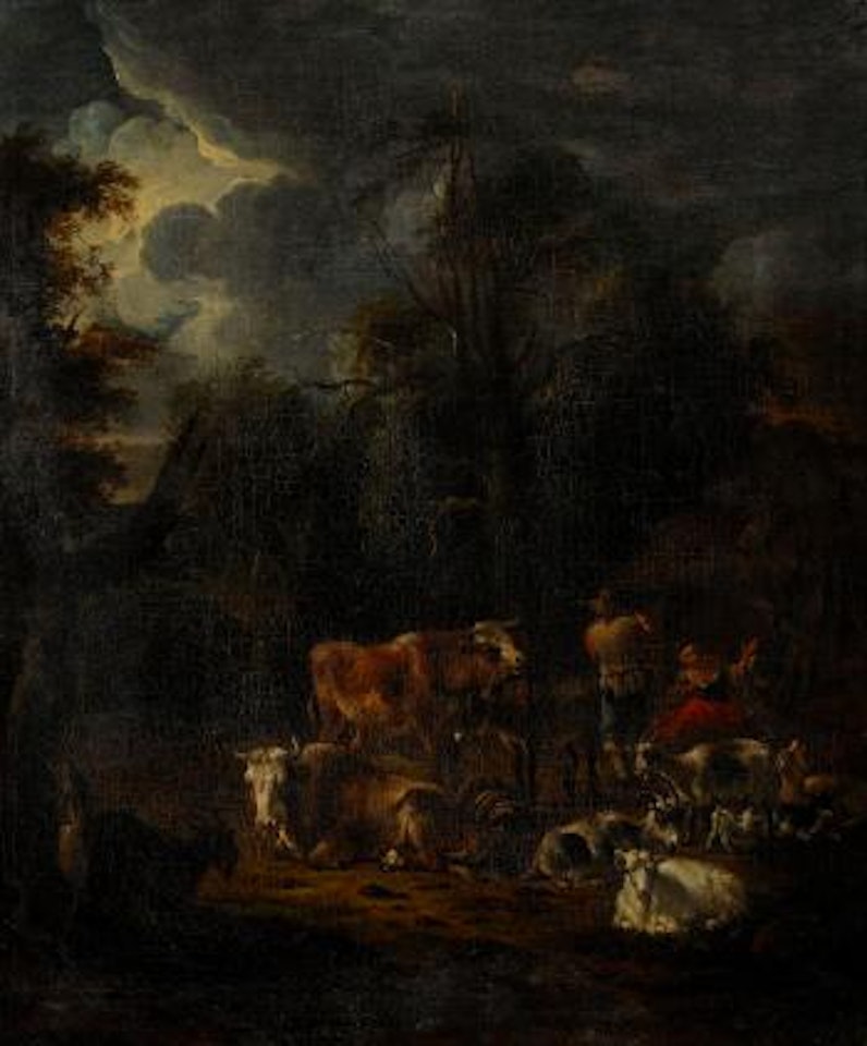 Skogslandskap med boskap by Pieter Bout