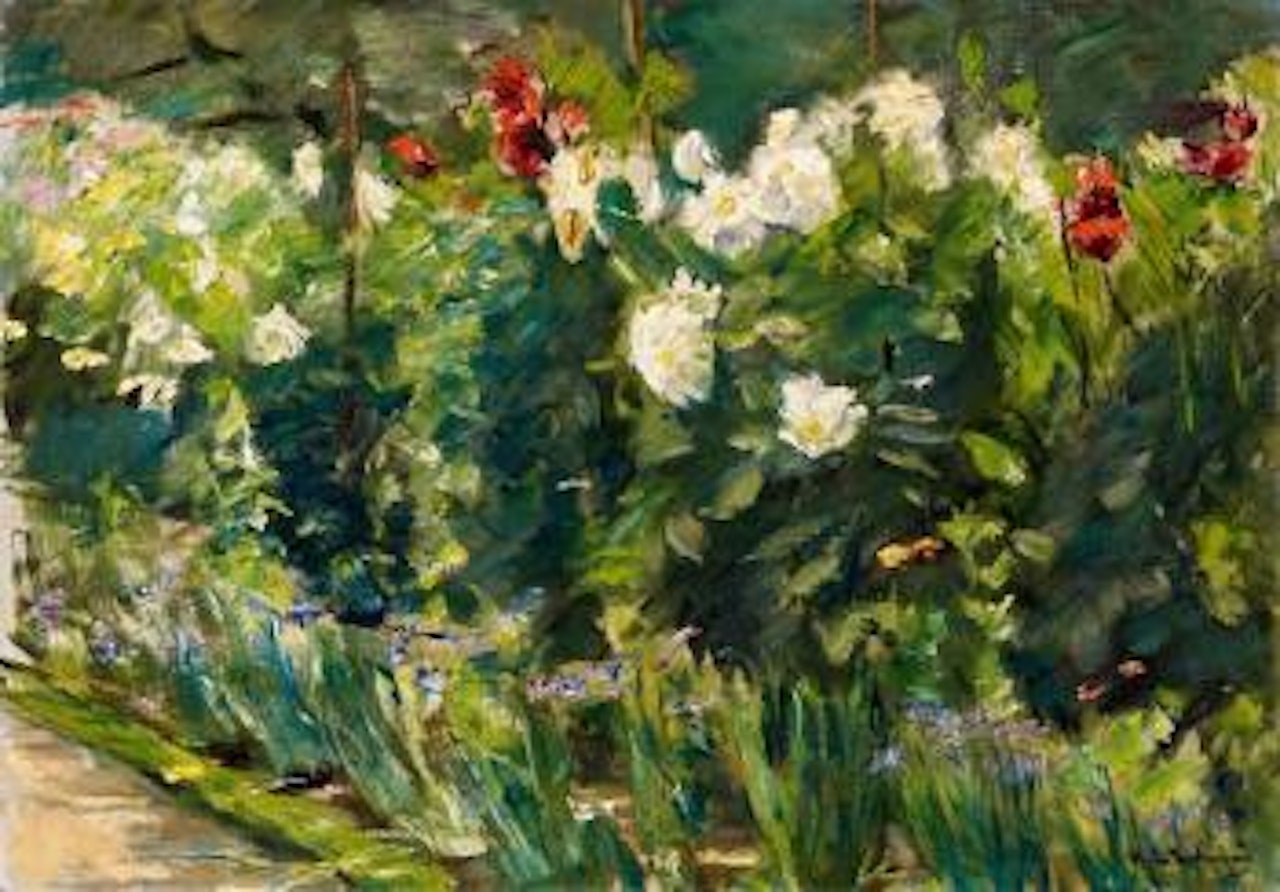 Rote und weiße Blumen nach Südosten (Blumenstauden im Nutzgarten nach Südosten) by Max Liebermann