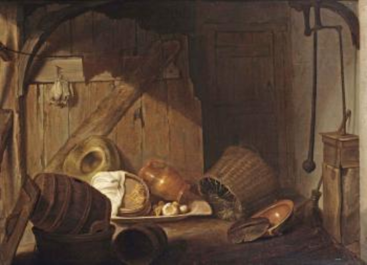 A barn interior with baskets, barrels, pottery, a pump to the right and a bundle of dried laice hanging on a wall partition to the left by Jan Davidsz de Heem
