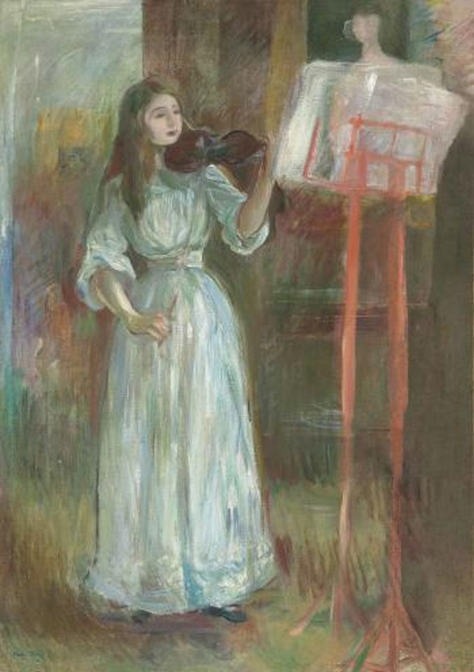 Julie Manet jouant au violon en robe blanche by Berthe Morisot
