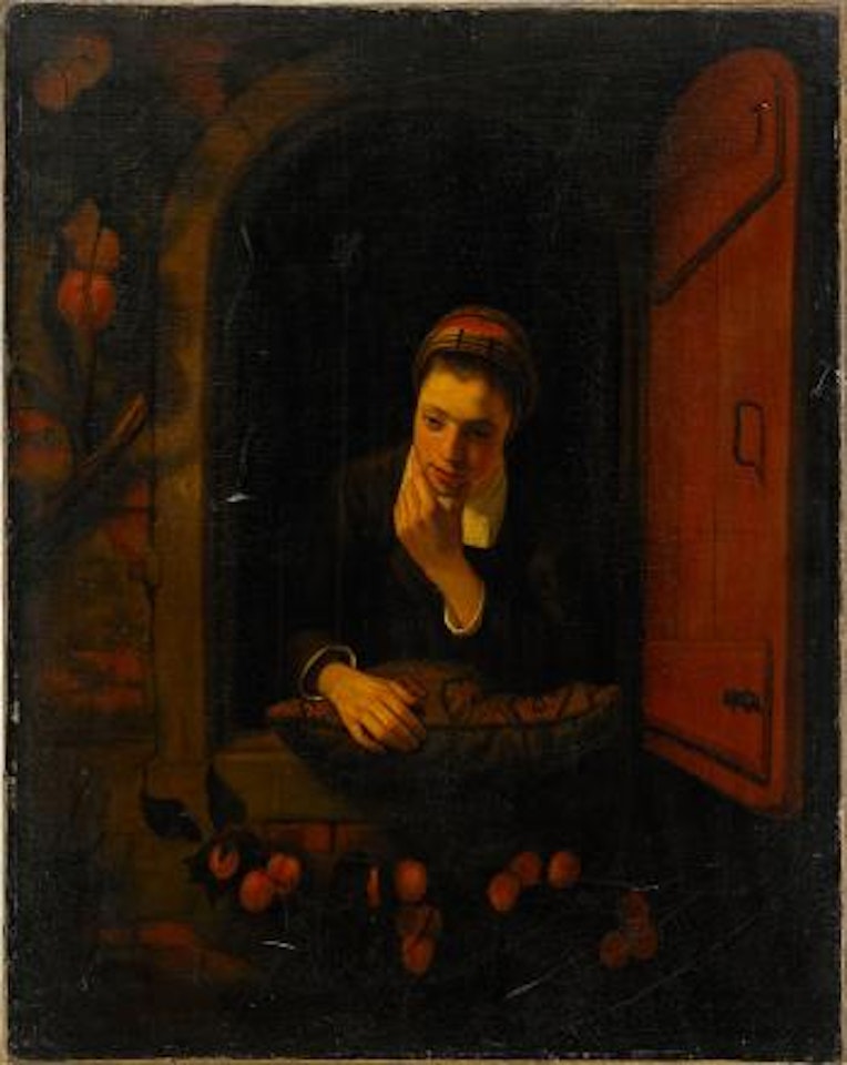 Ung kvinna i fönsteröppning by Nicolaes Maes