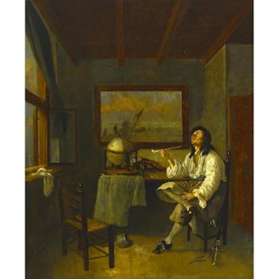 A man smoking a pipe in an interior by Jacob Duck