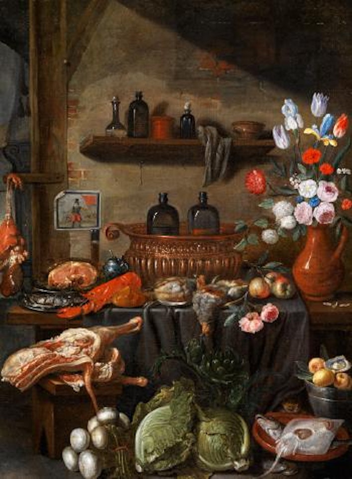 Küchenstillleben mit Fleischstücken, Hummer, Weinkühler und Blumen by Jan Van Kessel The Elder