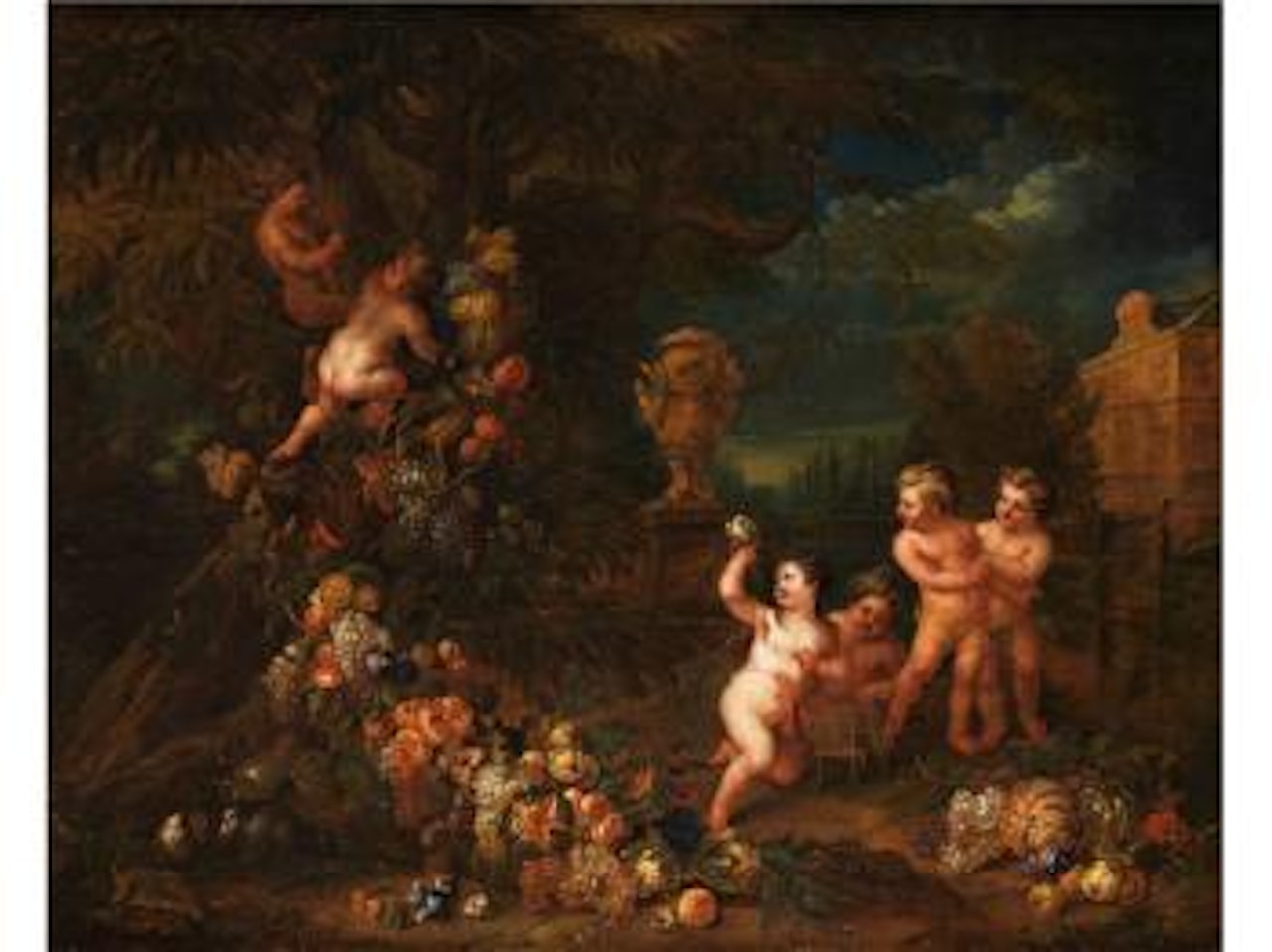 Putten in idealer Parklandschaft mit Taubenkäfig und schweren Früchte-festons by Jan Pauwel Gillemans