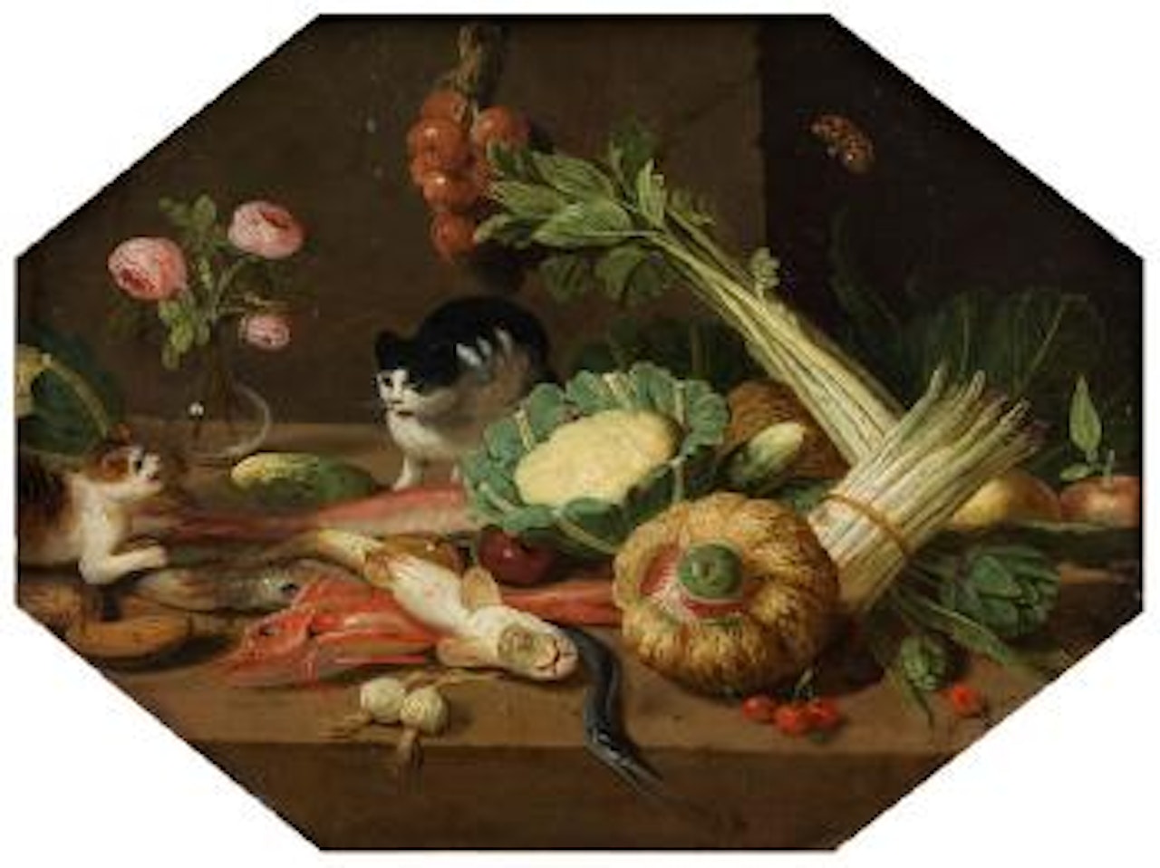 Küchenstillleben mit Tischen und zwei Katzen by Jan Van Kessel The Elder