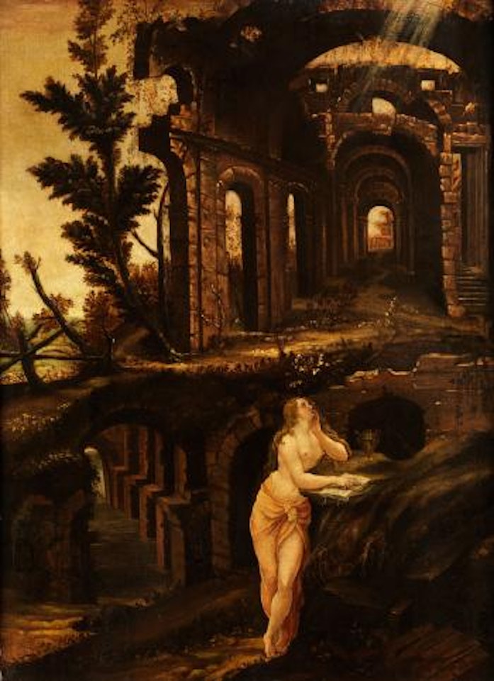 Ruinenlandschaft mit der Büsserin Magdalena by Marten Jacobsz van Veen Heemskerk