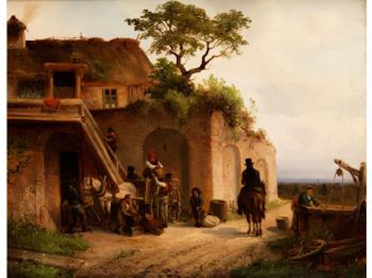 Reiter, Pferdekarren und Staffagefiguren vor einem Herbergsgebäude by Anton Doll