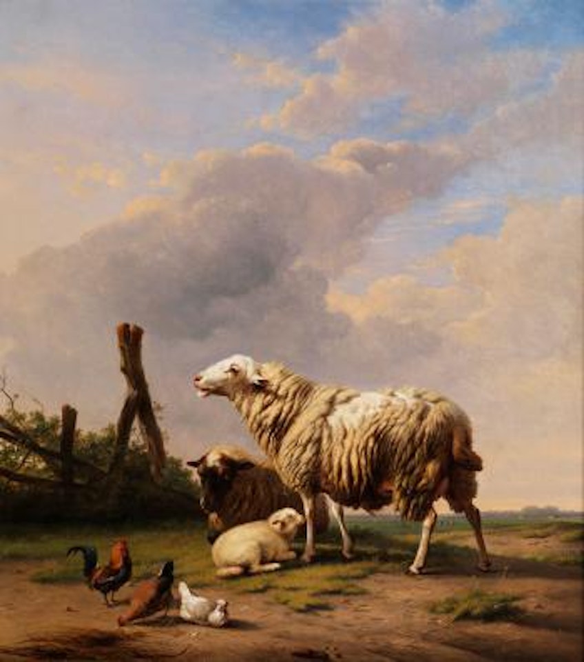 Schafe und Hühner in einer weiten Landschaft by Eugène Joseph Verboeckhoven