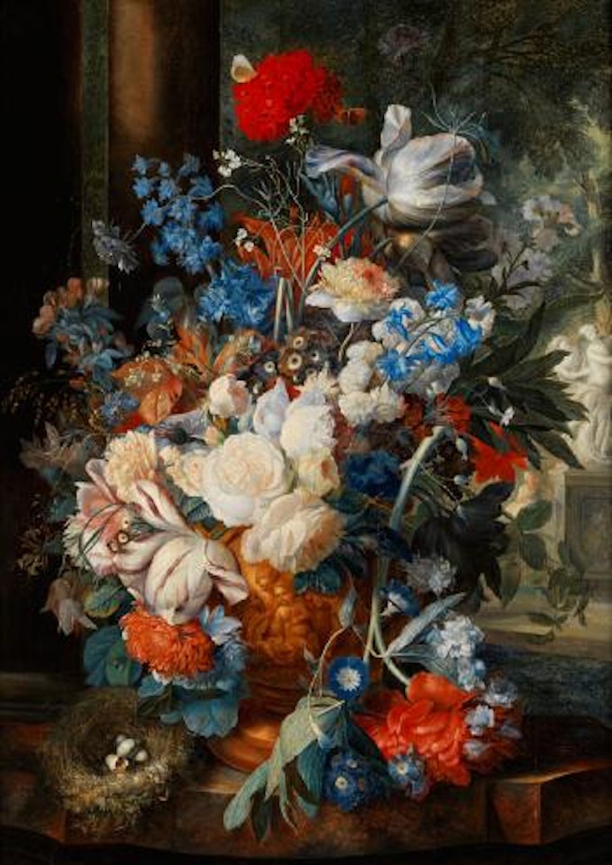 Blumenstillleben mit Vogelnest, Figuren und einer Person im Hintergrund by Netherlandish School