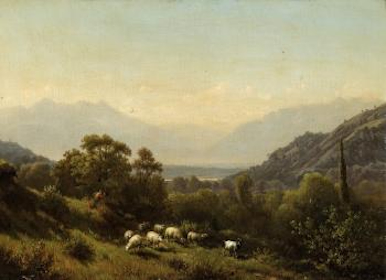 Grazende schapen in een zuiders landschap by Jean Philippe George-Julliard by Eugène Joseph Verboeckhoven