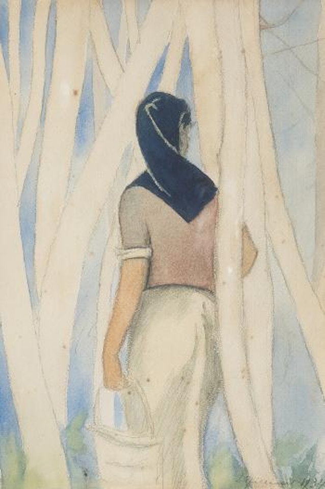 Vrouw met mand in het bos by Léon Spilliaert