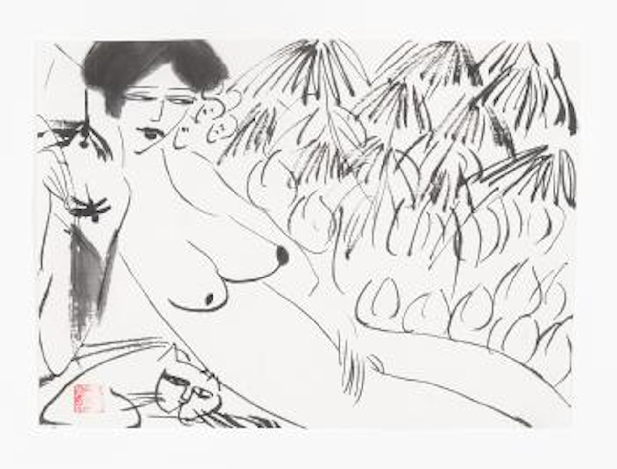 Liggend naakt met kat by Walasse Ting