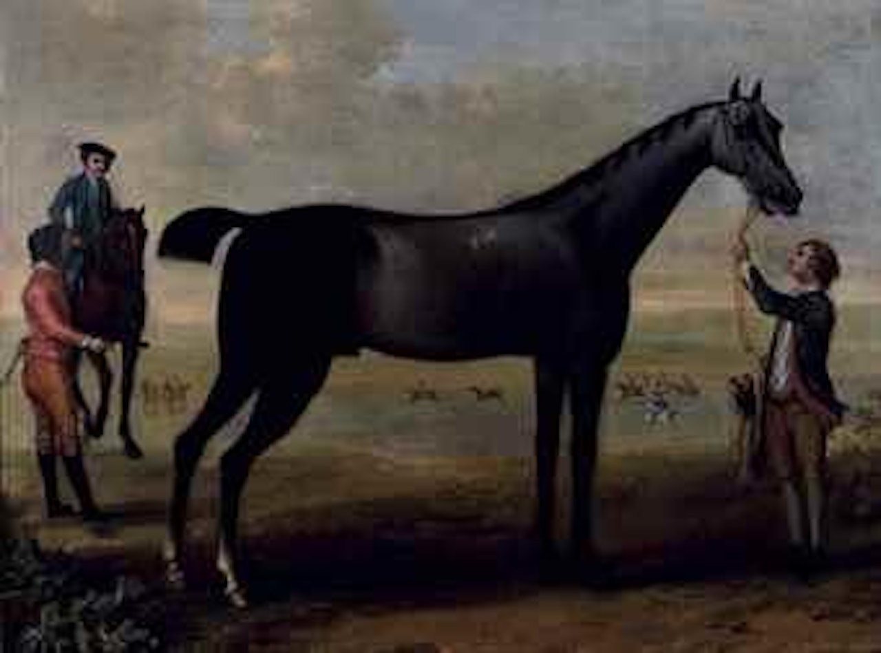 Childers tenu par son lad dans un paysage, un cheval, son cavalier et un jockey à leurs côtés by John Wootton