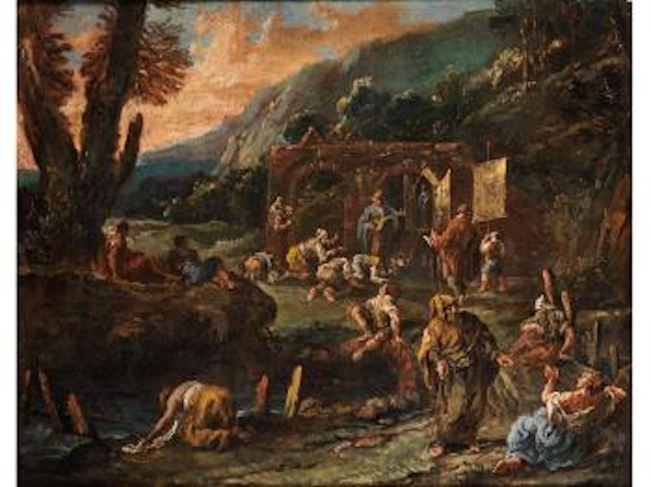 Wallfahrt zu einer Kapelle auf dem Lande, mit Bänkelsänger by Alessandro Magnasco