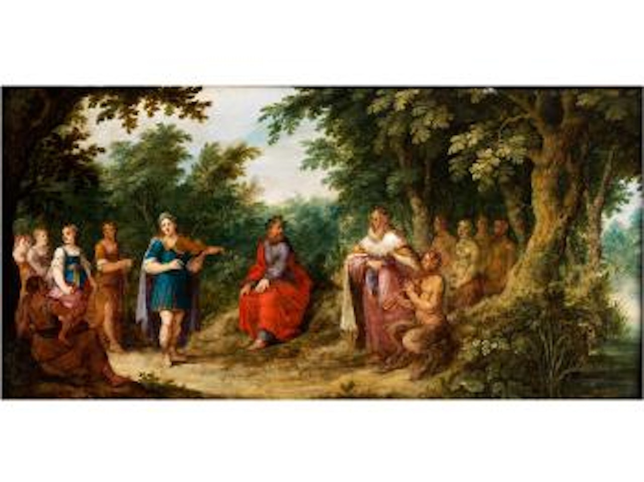 Das Urteil des Midas in üppiger Baumlandschaft by Abraham Govaerts