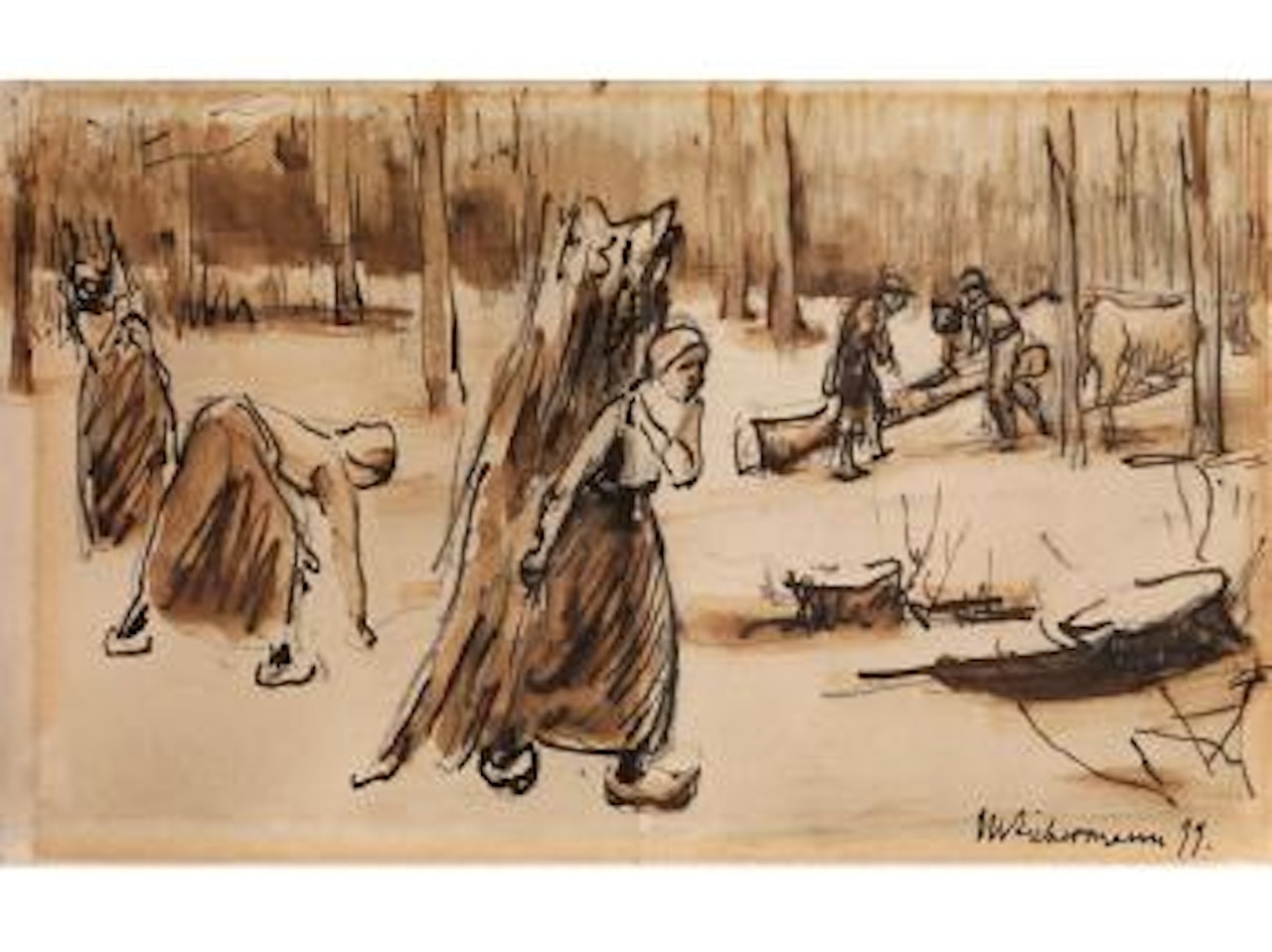 Holländische Reisigsammler und Holzfäller im Wald by Max Liebermann