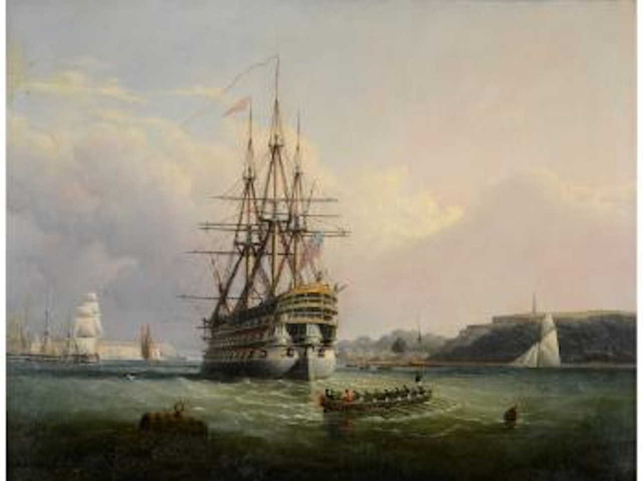 HMS Royal Adelaide lying at anchor in the Hamoaze at Devonport with a longboat carrying distinguished visitors heading inshore off her stern, the buildings of the Royal William Victualing Yard on the opposite bank by Joseph Walter Of Bristol