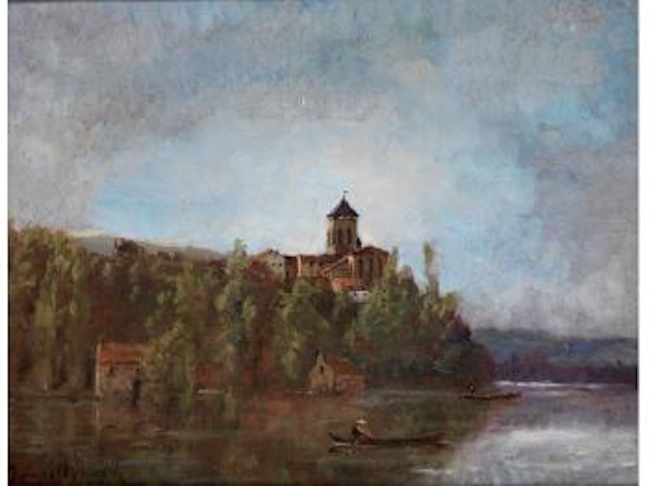 Flussuferlandschaft mit erhöht stehendem Dorf mit Kirchturm by Paul Désiré Trouillebert