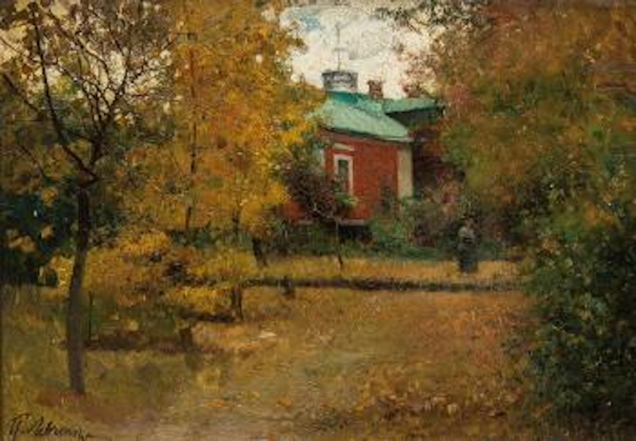 Lady and a red house surrounded by an autumnal garden by Petr Alekseevich Levchenko