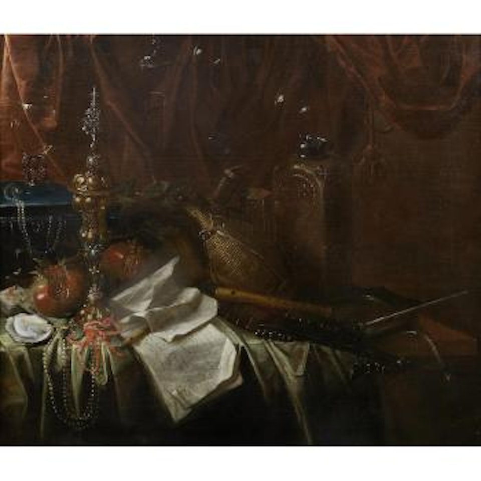 A silver gilt tazza, pomegranates, sheets of music, a roemer, and other items on a draped table by German School