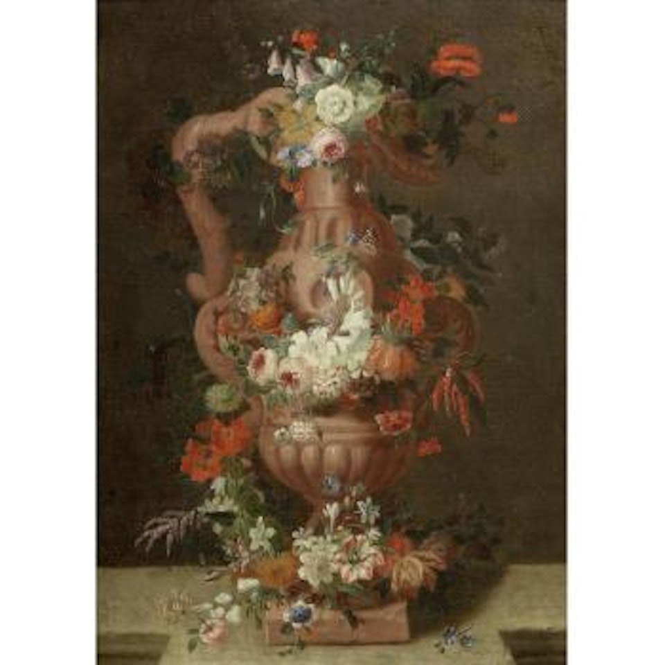 Roses, morning glory, lilies, carnations, fritillary and other flowers around an earthenware vase by Pieter Hardime