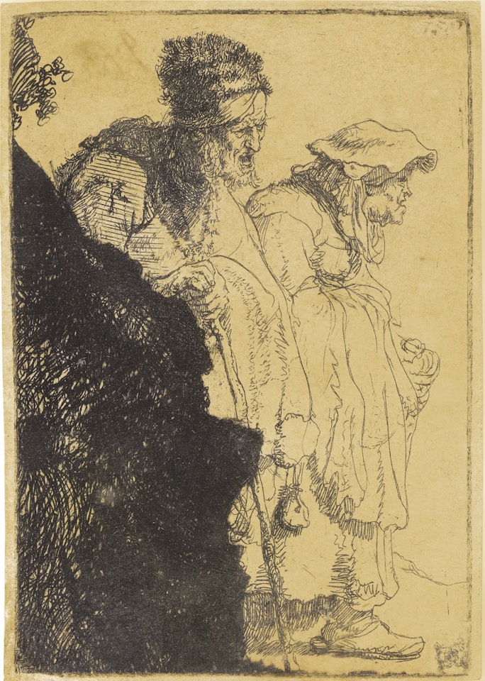BEGGAR MAN AND WOMAN BEHIND A BANK (B., HOLL. 165; NEW HOLL. 51; H. 13) by Attributed to Rembrandt Harmensz van Rijn
