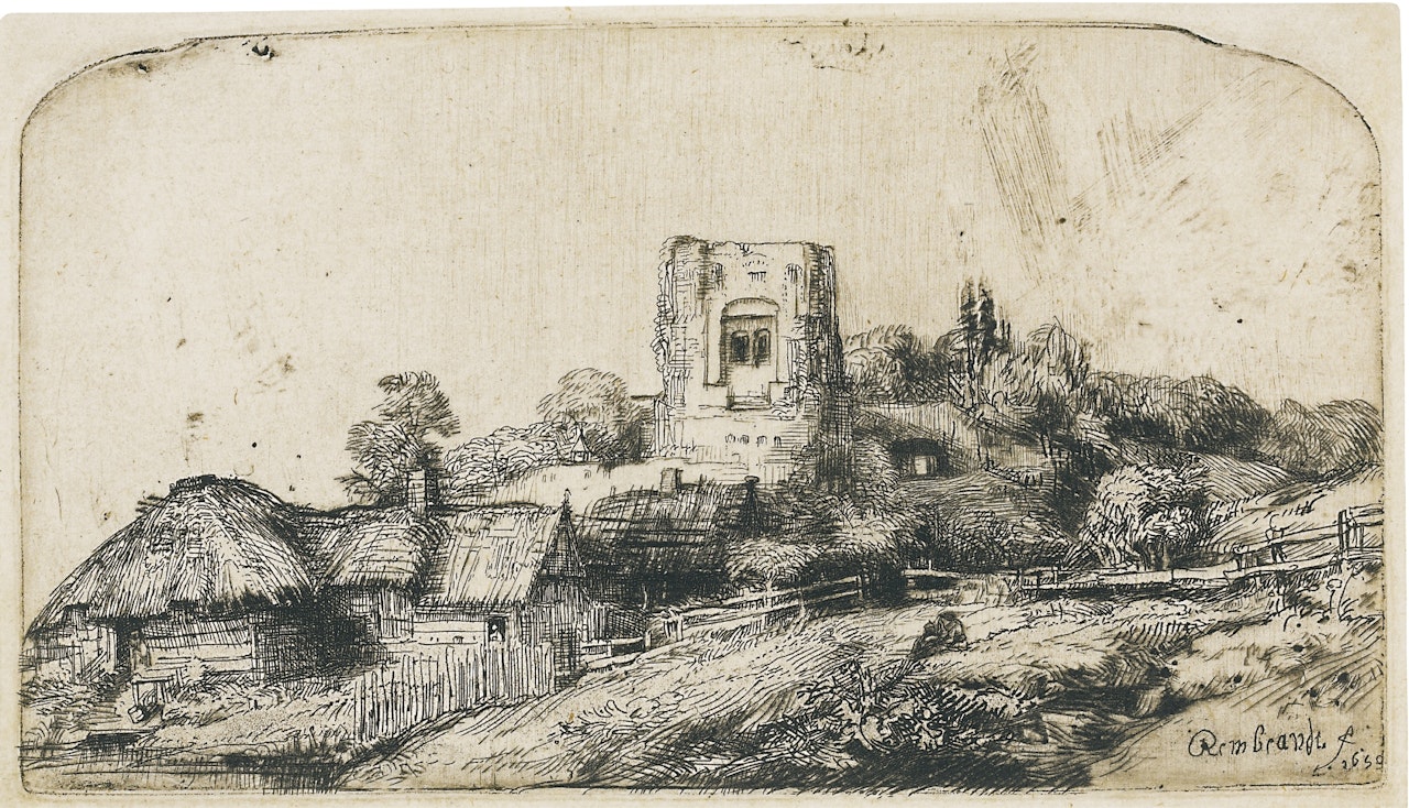 LANDSCAPE WITH A SQUARE TOWER (B., HOLL. 218; NEW HOLL. 250; H. 245) by Attributed to Rembrandt Harmensz van Rijn