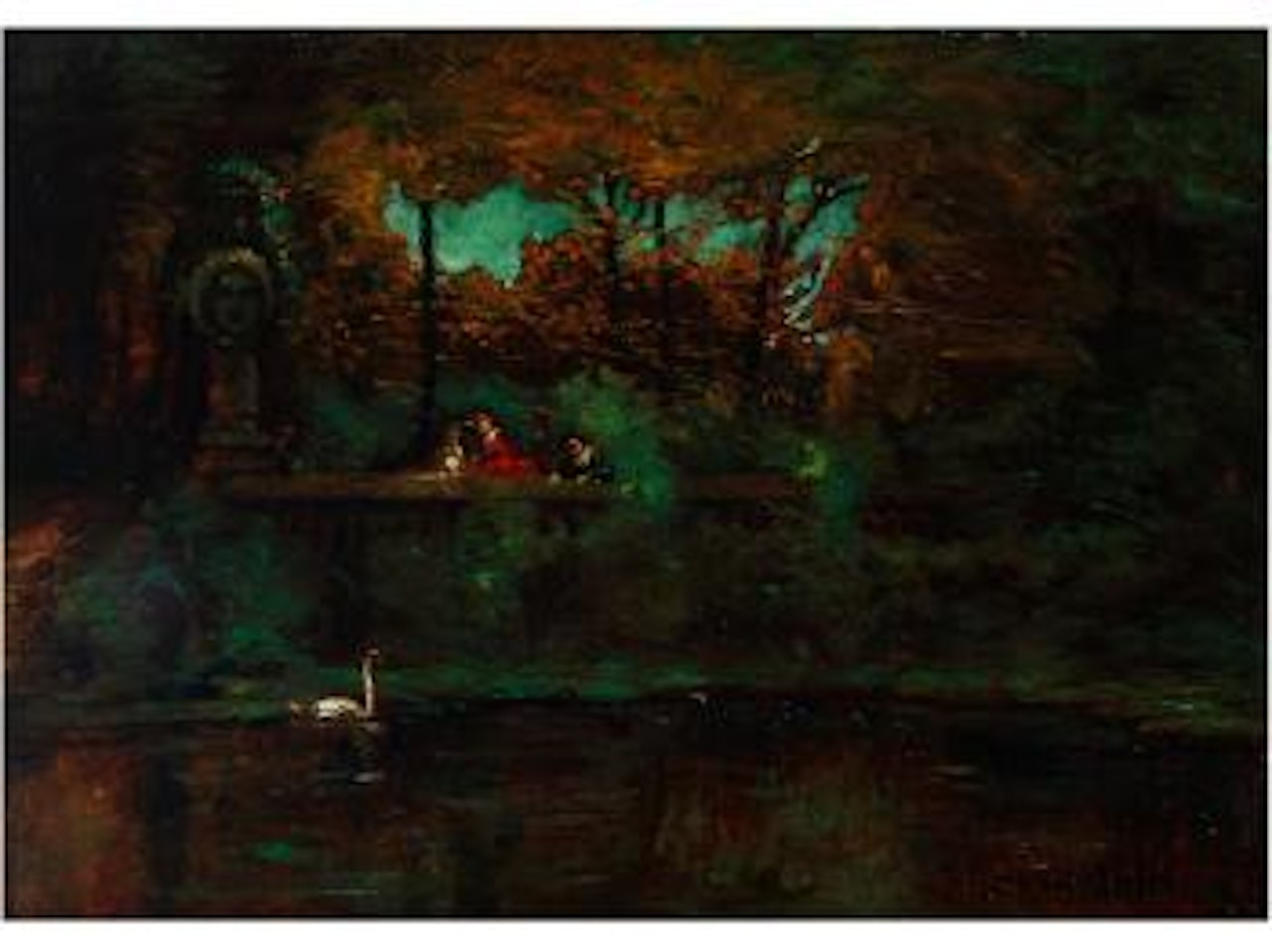 Parkinneres mit schwanenteich, steindenkmal und staffagefiguren by Adolphe Monticelli