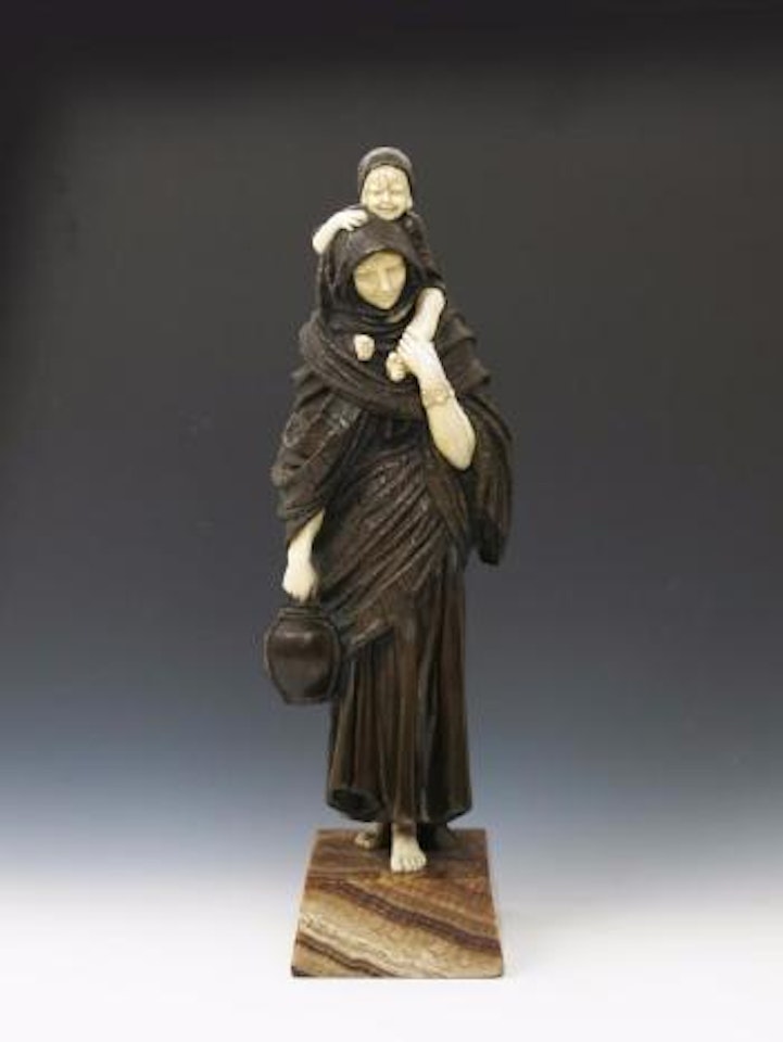 A mother carrying her child on her shoulders, holding an urn in her right hand by Demetre Chiparus