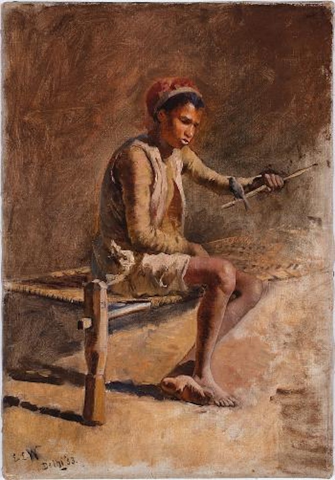 Boy on a charpoi holding a bird on a stick by Edwin Lord Weeks