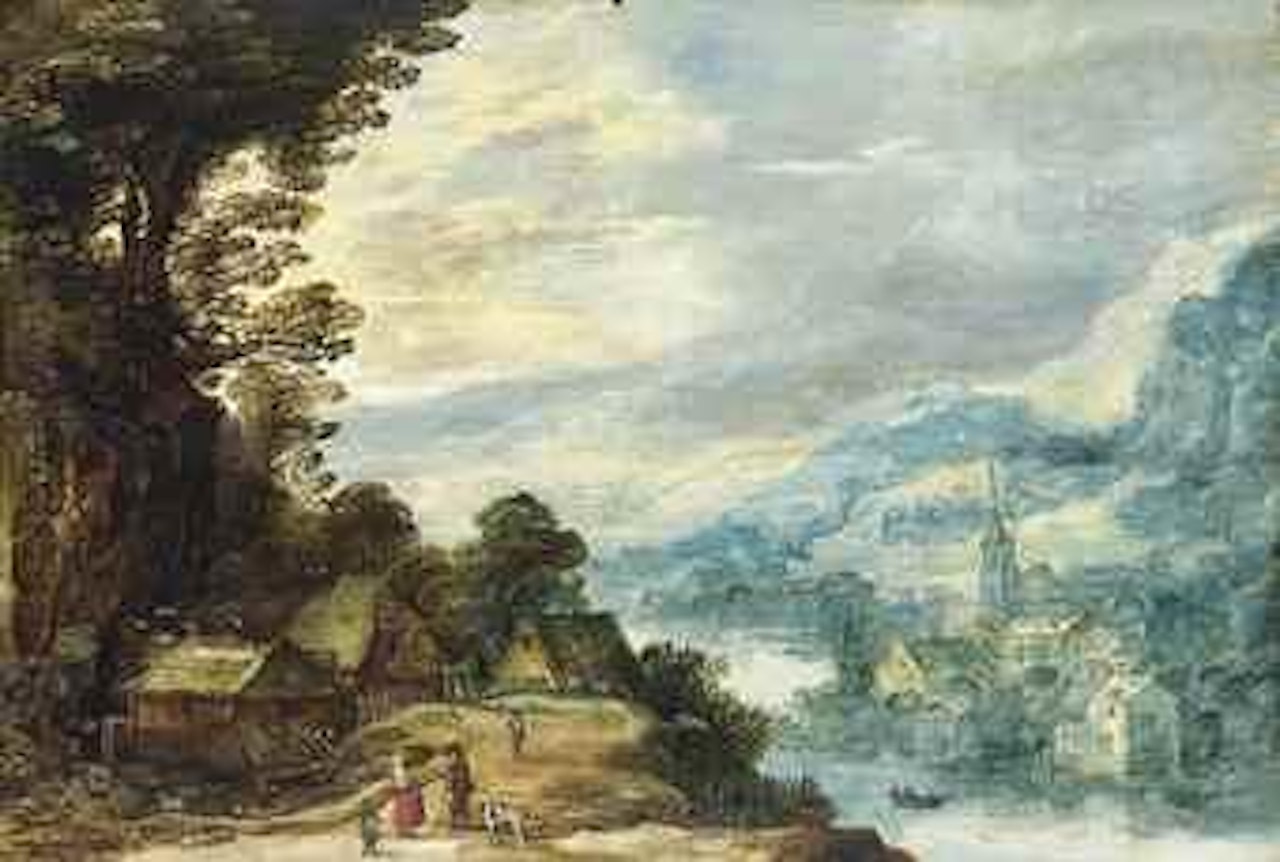An extensive river landscape with figures conversing amongst cottages by Joos de Momper the Younger