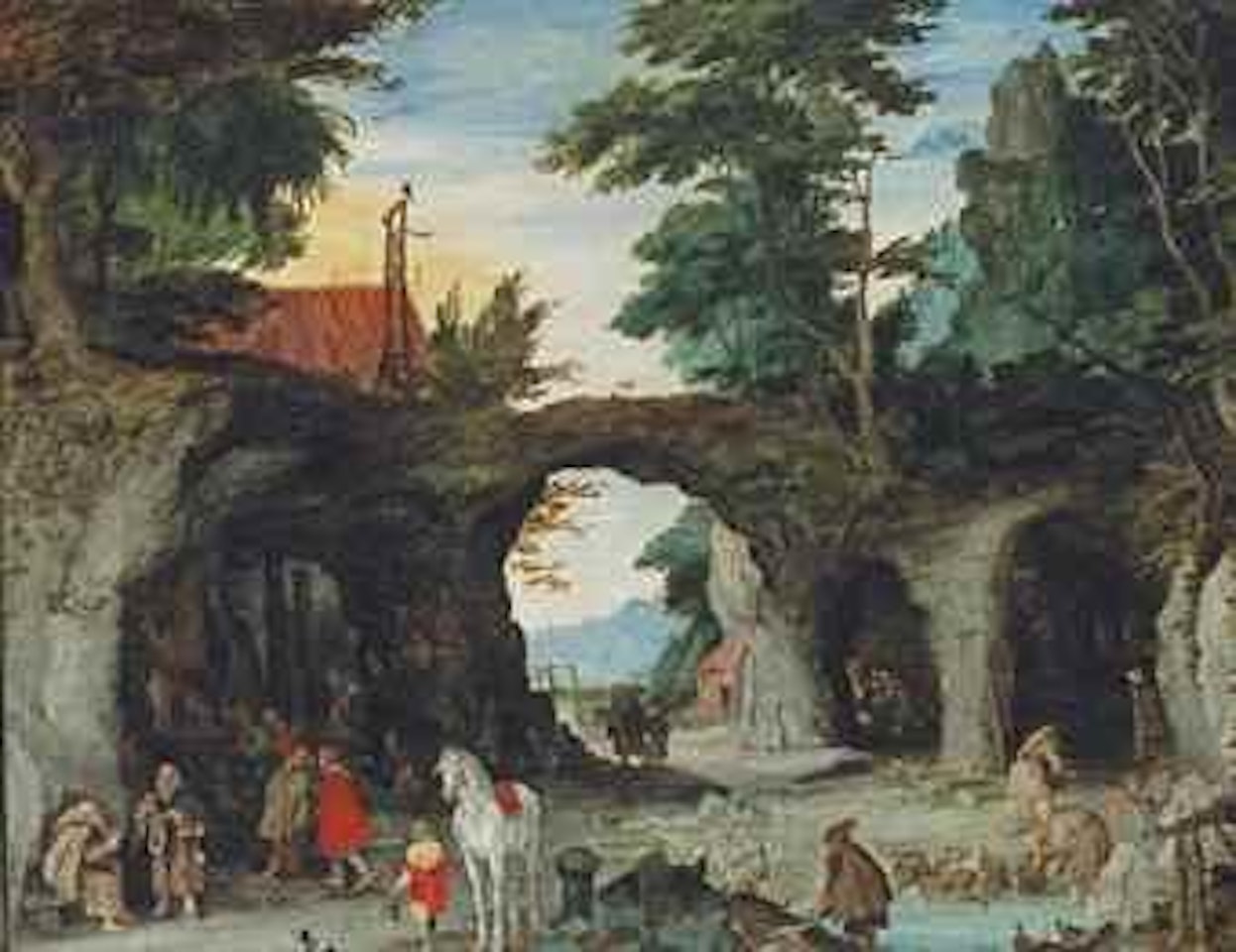 A mountainous landscape with pilgrims visiting a shrine at a Hermitage by Jan Brueghel the Younger