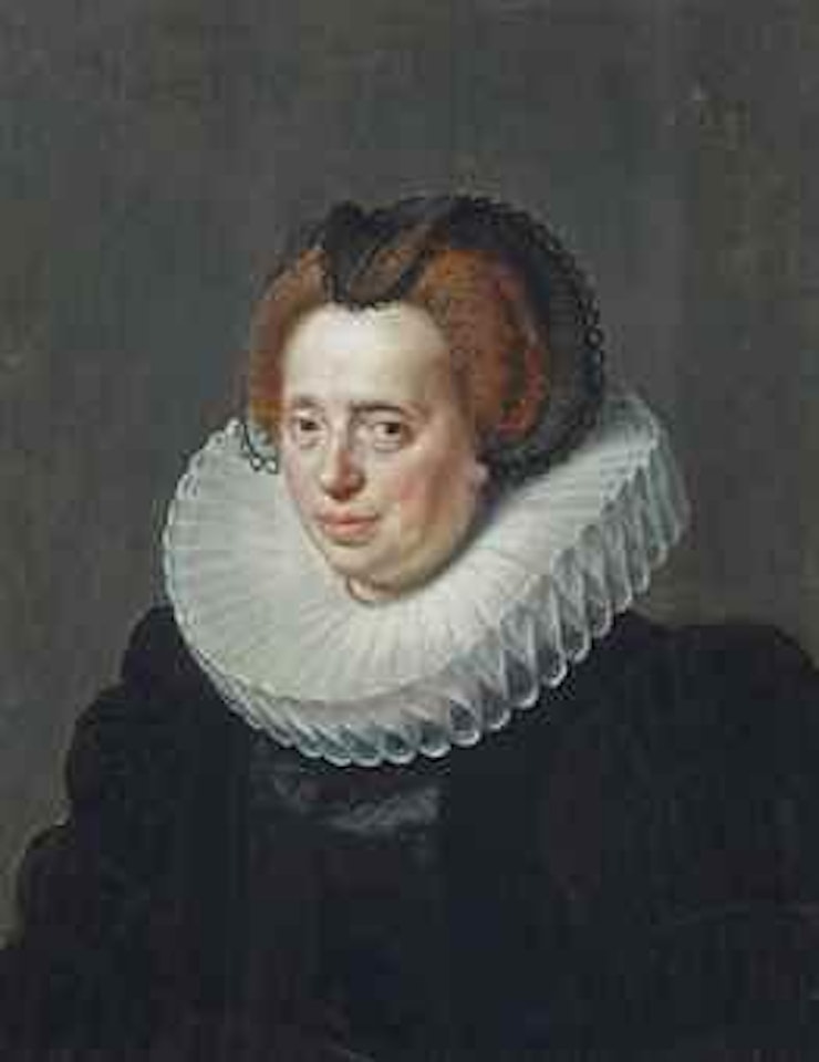 Portrait of a lady, bust-length, in a black embroidered dress and a ruff by Paulus Moreelse