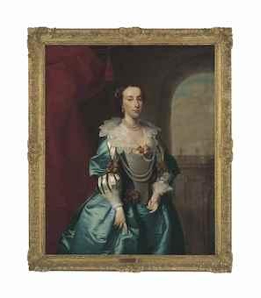 Portrait of a lady, three-quarter-length, in a blue dress, wearing pearls by Thomas Hudson