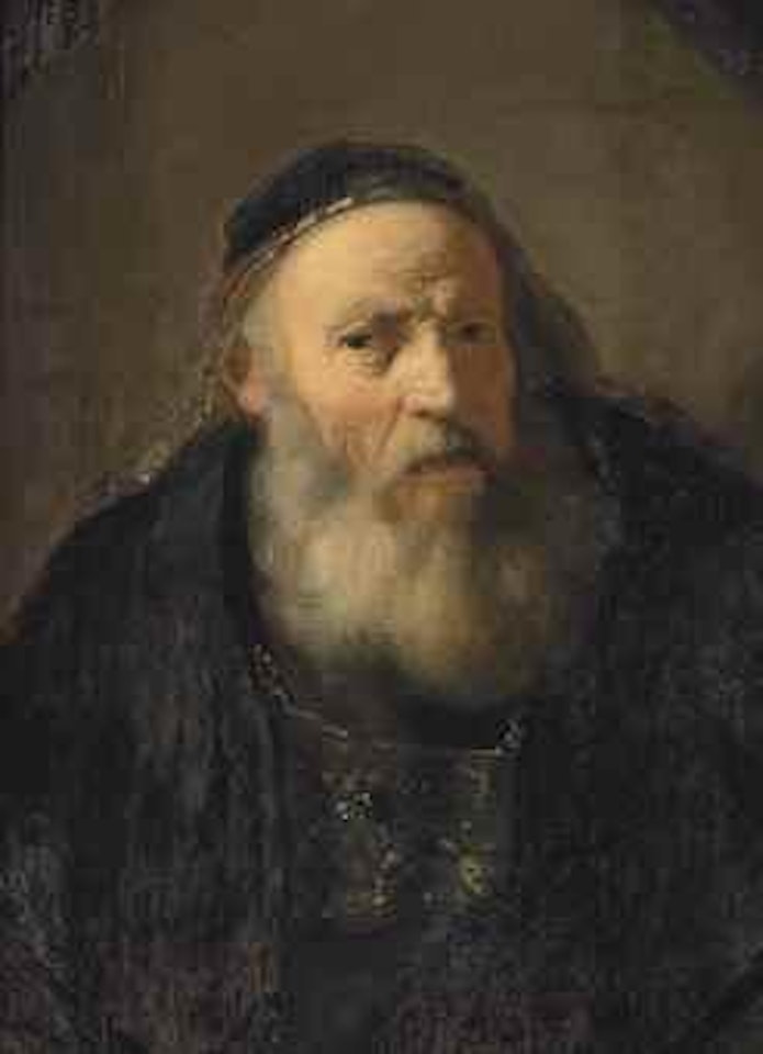 Portrait of an old man, half-length, in a black mantle and a black, gold-rimmed skullcap by Attributed to Rembrandt Harmensz van Rijn