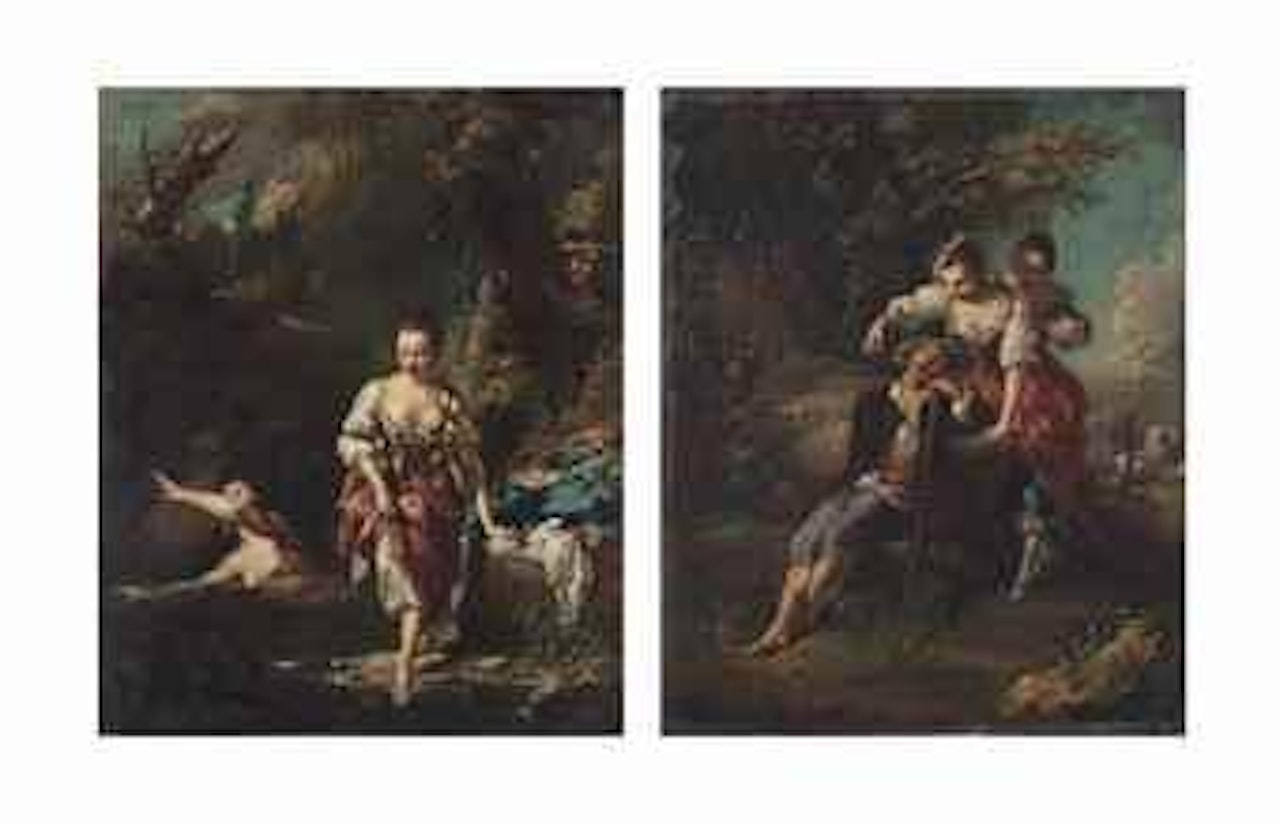 A wooded river landscape with women bathing; and A wooded landscape with women teasing a sleeping shepherd by Christian Wilhelm Ernst Dietrich