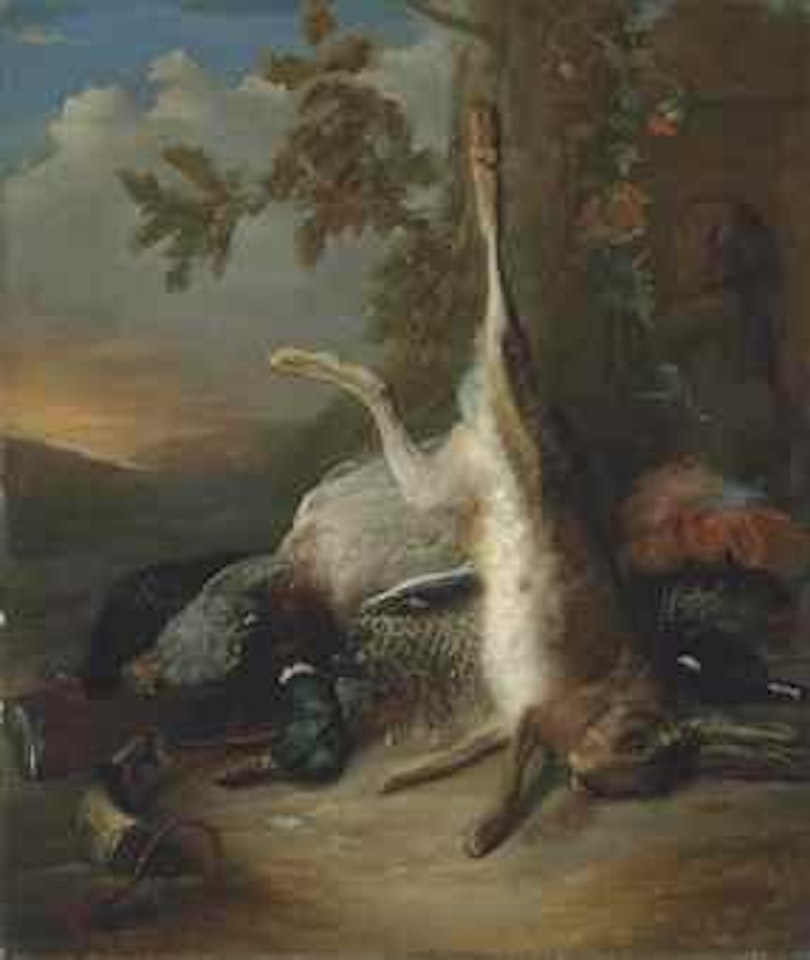 A hare, mallard and partridge, with a gun, a net and other hunting paraphernalia, in a wooded landscape by Jan Weenix